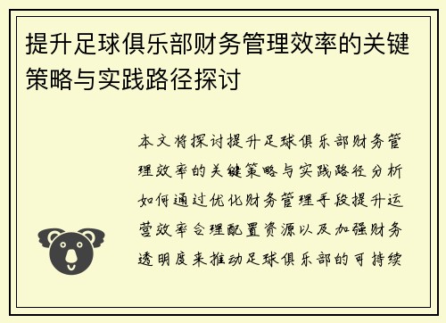 提升足球俱乐部财务管理效率的关键策略与实践路径探讨