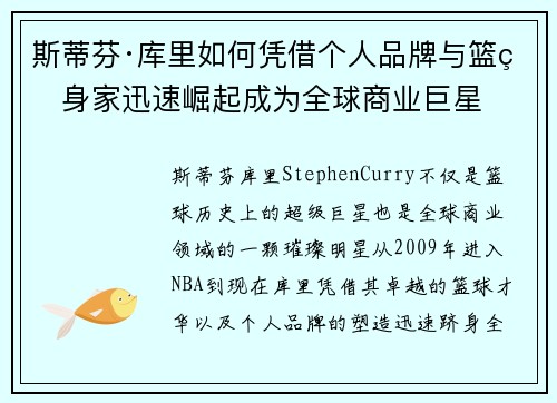 斯蒂芬·库里如何凭借个人品牌与篮球身家迅速崛起成为全球商业巨星