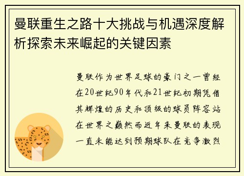 曼联重生之路十大挑战与机遇深度解析探索未来崛起的关键因素